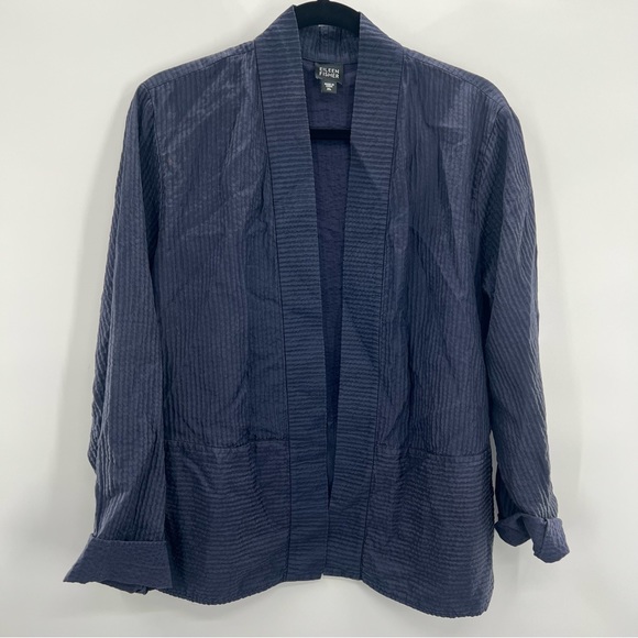 Eileen Fisher Sweaters - Eileen Fisher Navy Blue 100% Silk Kimono Jacket Cardigan Blazer Textured XL